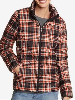 Eddie Bauer Down Puffer Coat Full Zip Womens Size Small Plaid Puffer Jacket
